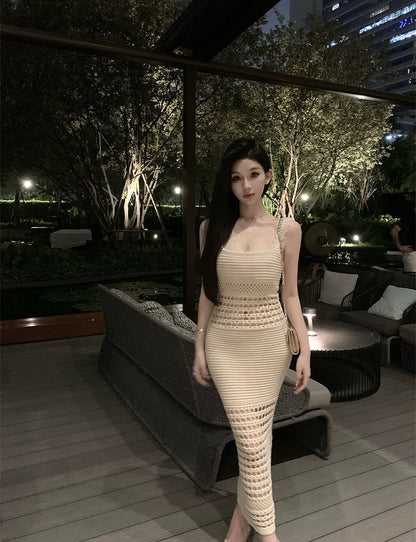 Knitted Sexy Cut-Out Spaghetti Strap Maxi Dress