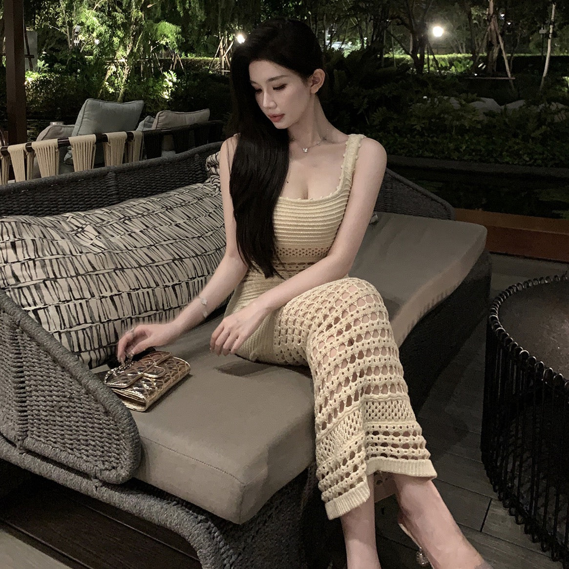 Knitted Sexy Cut-Out Spaghetti Strap Maxi Dress