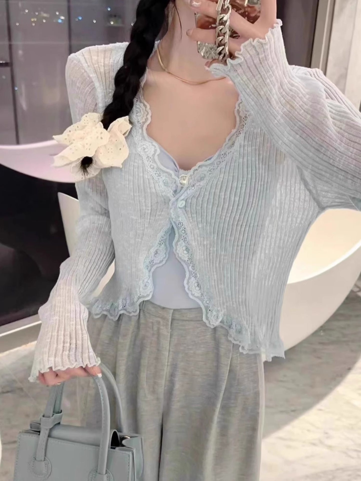 V領蕾絲邊防曬開衫