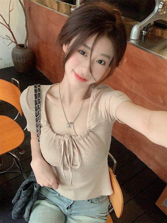 方領繫帶修身Top