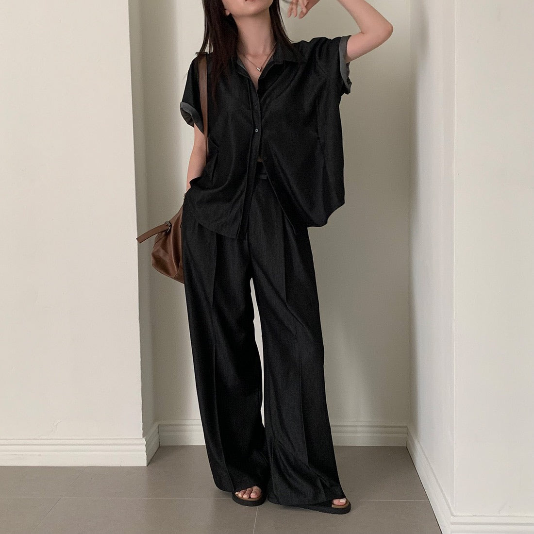 Casual Denim Shirt + Wide-Leg Pants Set