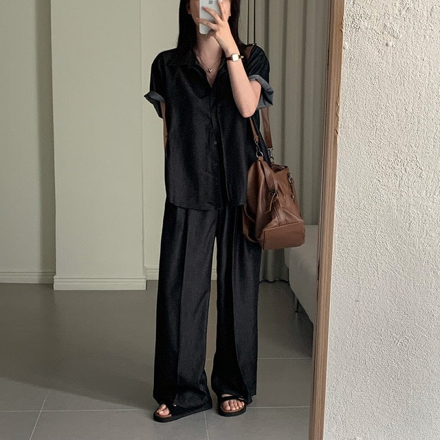 Casual Denim Shirt + Wide-Leg Pants Set