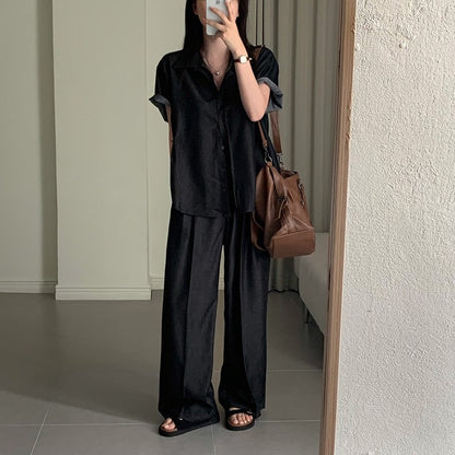 Casual Denim Shirt + Wide-Leg Pants Set