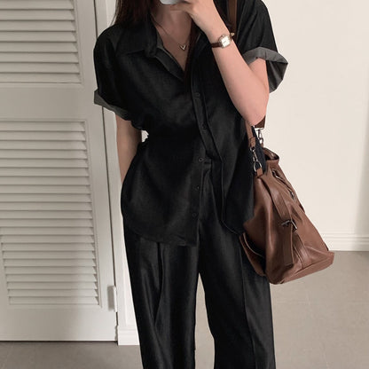 Casual Denim Shirt + Wide-Leg Pants Set