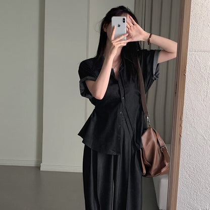 Casual Denim Shirt + Wide-Leg Pants Set