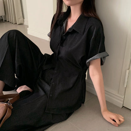 Casual Denim Shirt + Wide-Leg Pants Set