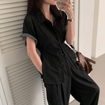 Casual Denim Shirt + Wide-Leg Pants Set