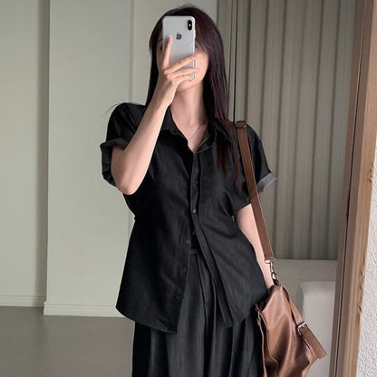 Casual Denim Shirt + Wide-Leg Pants Set