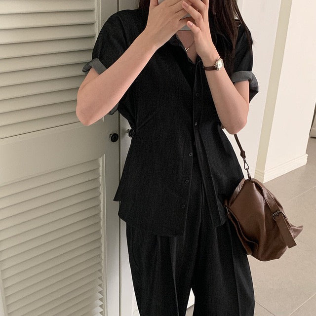 Casual Denim Shirt + Wide-Leg Pants Set