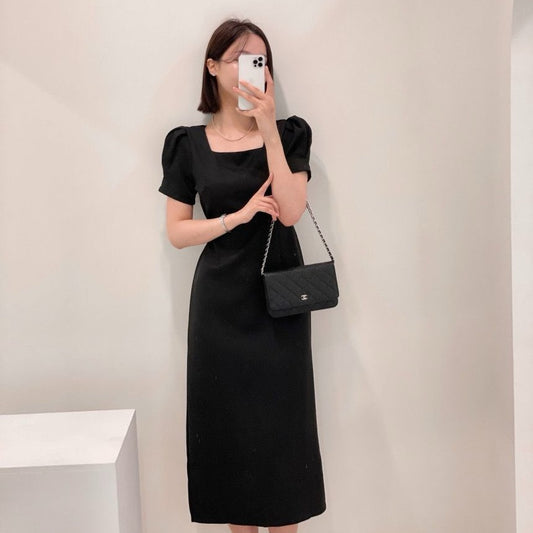 Square Neck Puff Sleeve Slit Dress