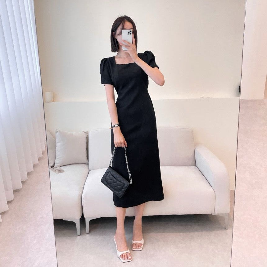 Square Neck Puff Sleeve Slit Dress