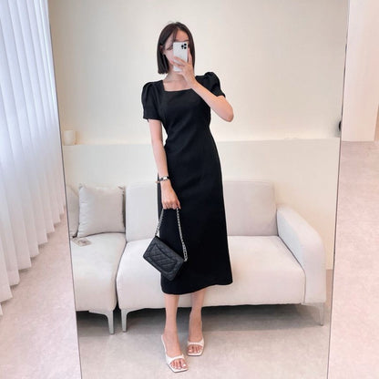 Square Neck Puff Sleeve Slit Dress