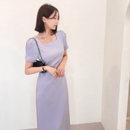 Square Neck Puff Sleeve Slit Dress