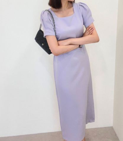Square Neck Puff Sleeve Slit Dress