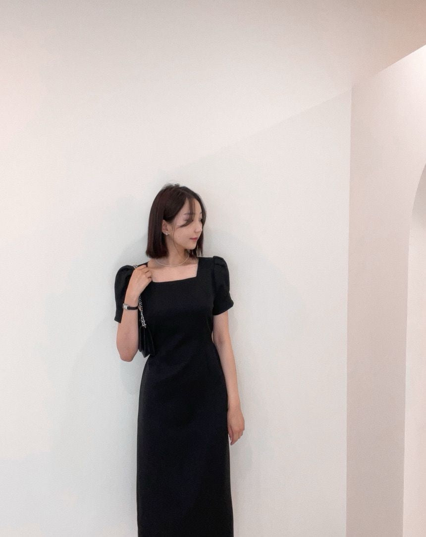 Square Neck Puff Sleeve Slit Dress