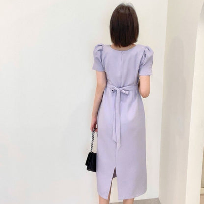 Square Neck Puff Sleeve Slit Dress