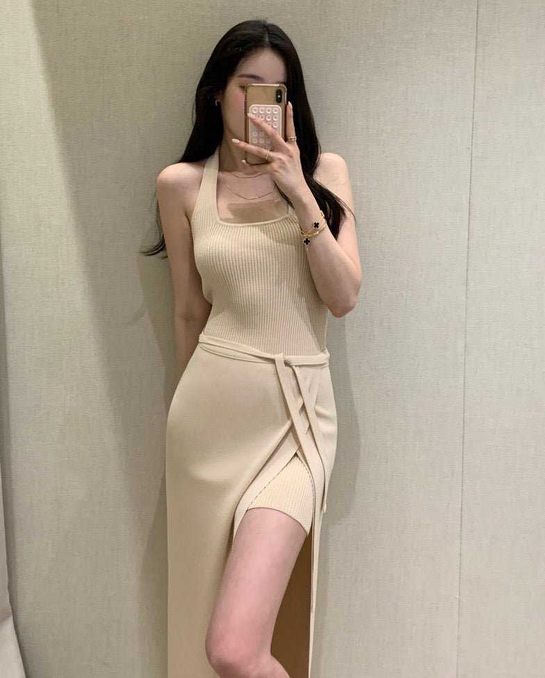 Sleeveless Slit Knit Dress + Half-Tie Skirt Set