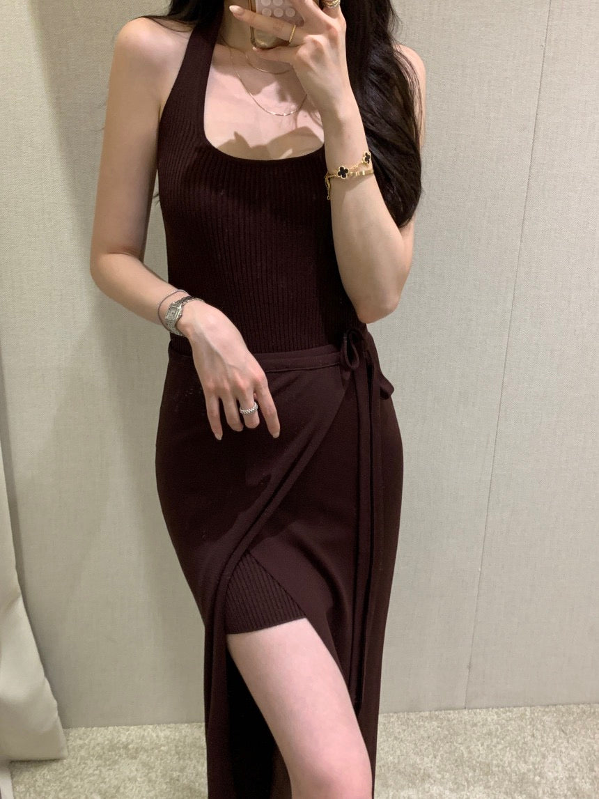 Sleeveless Slit Knit Dress + Half-Tie Skirt Set