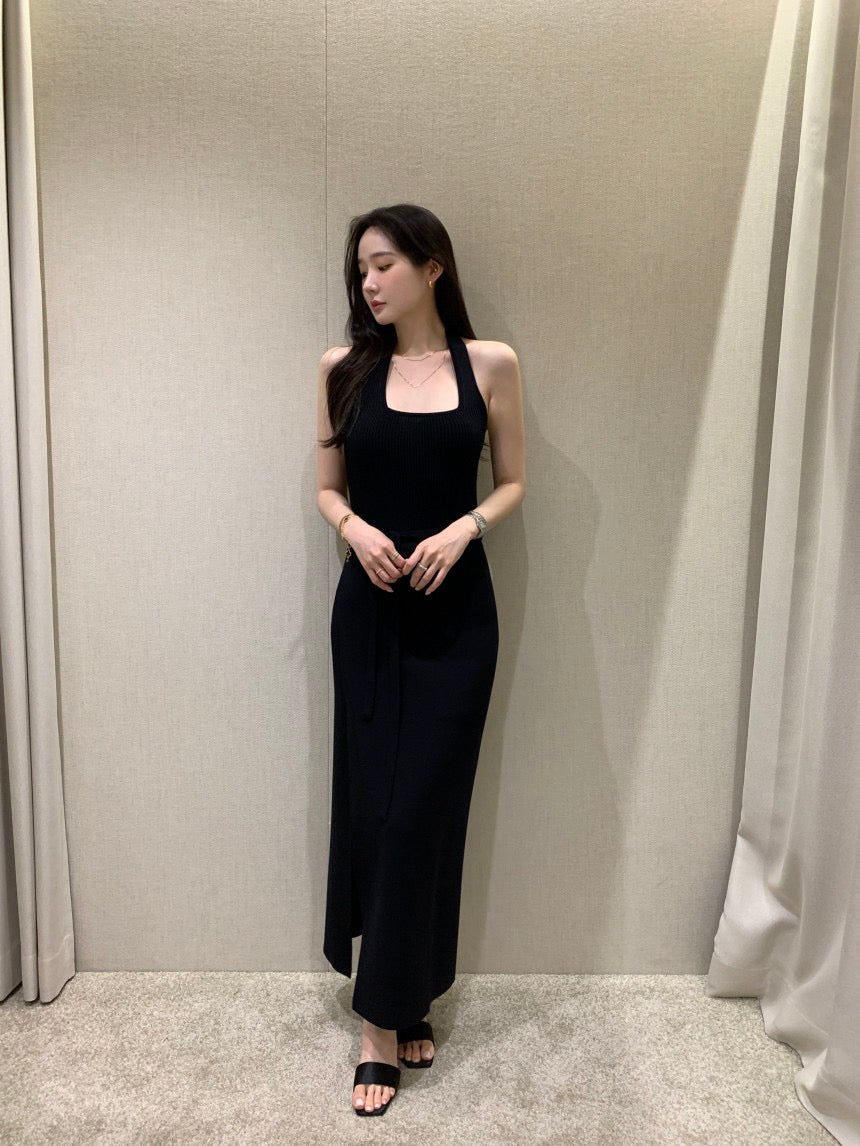 Sleeveless Slit Knit Dress + Half-Tie Skirt Set