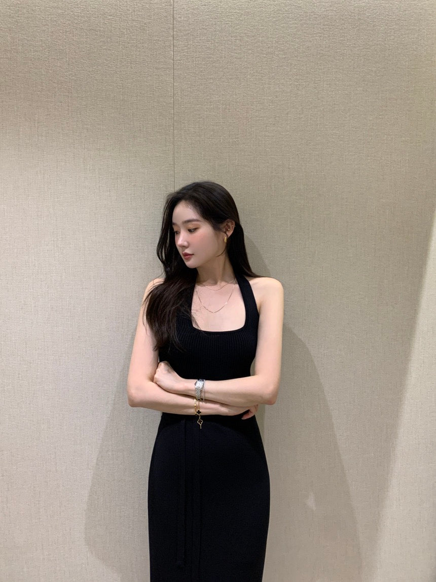 Sleeveless Slit Knit Dress + Half-Tie Skirt Set