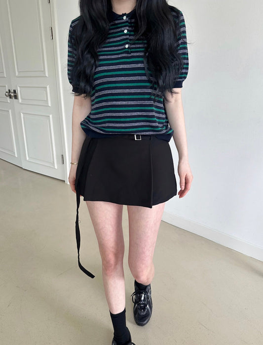 折り襟ストライプニット半袖