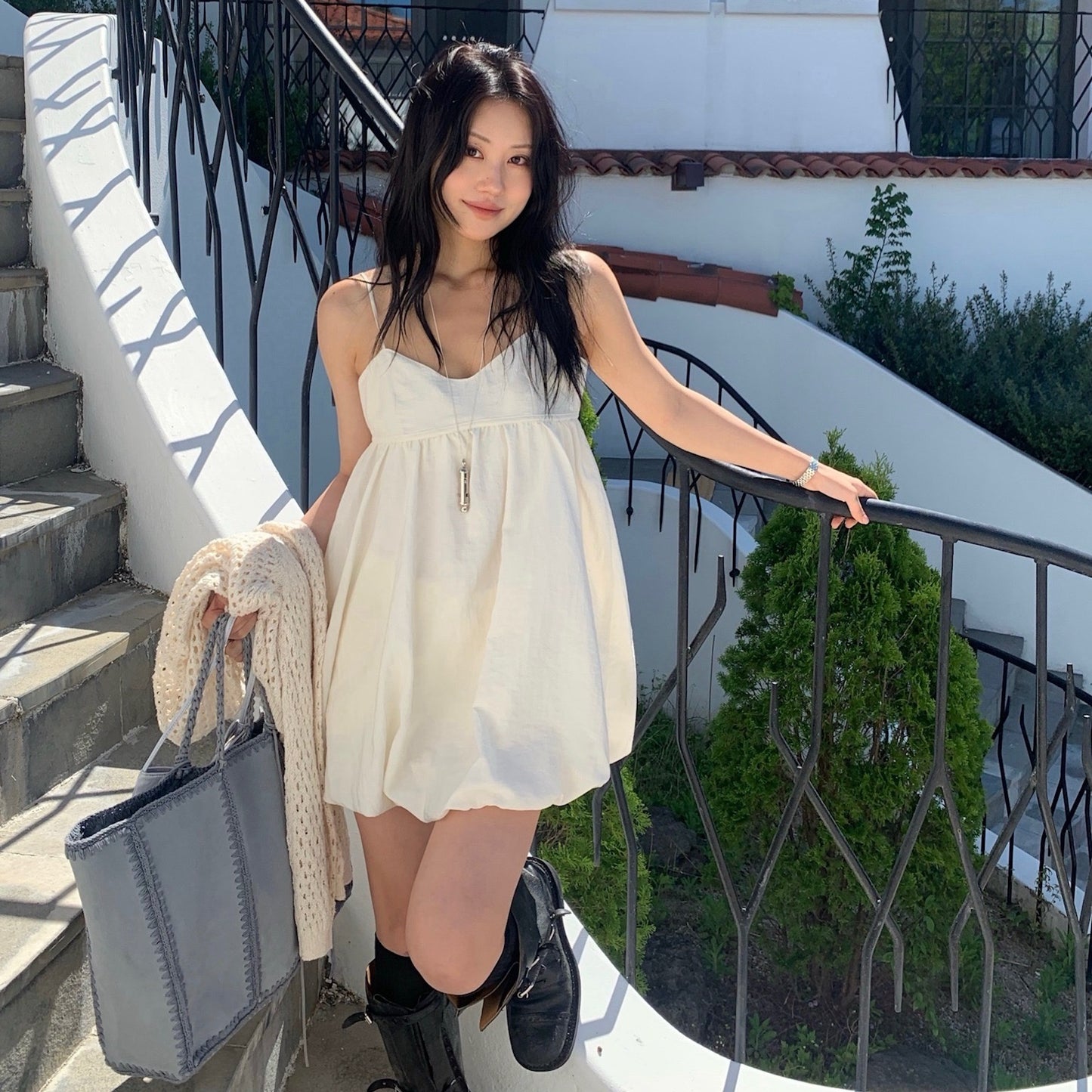 Korean-style puff sleeve suspender mini dress