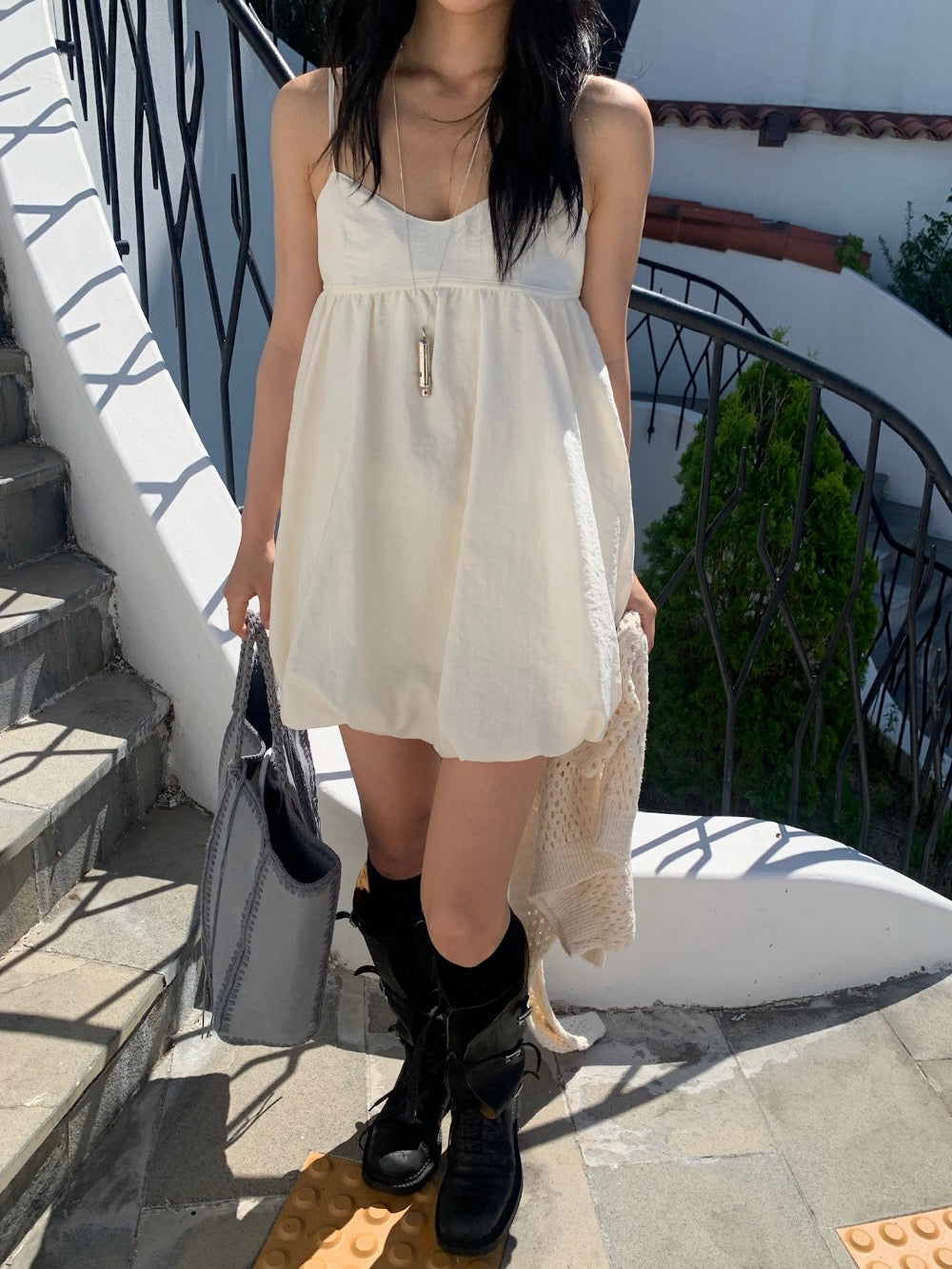 Korean-style puff sleeve suspender mini dress