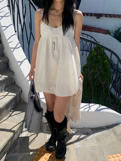 Korean-style puff sleeve suspender mini dress