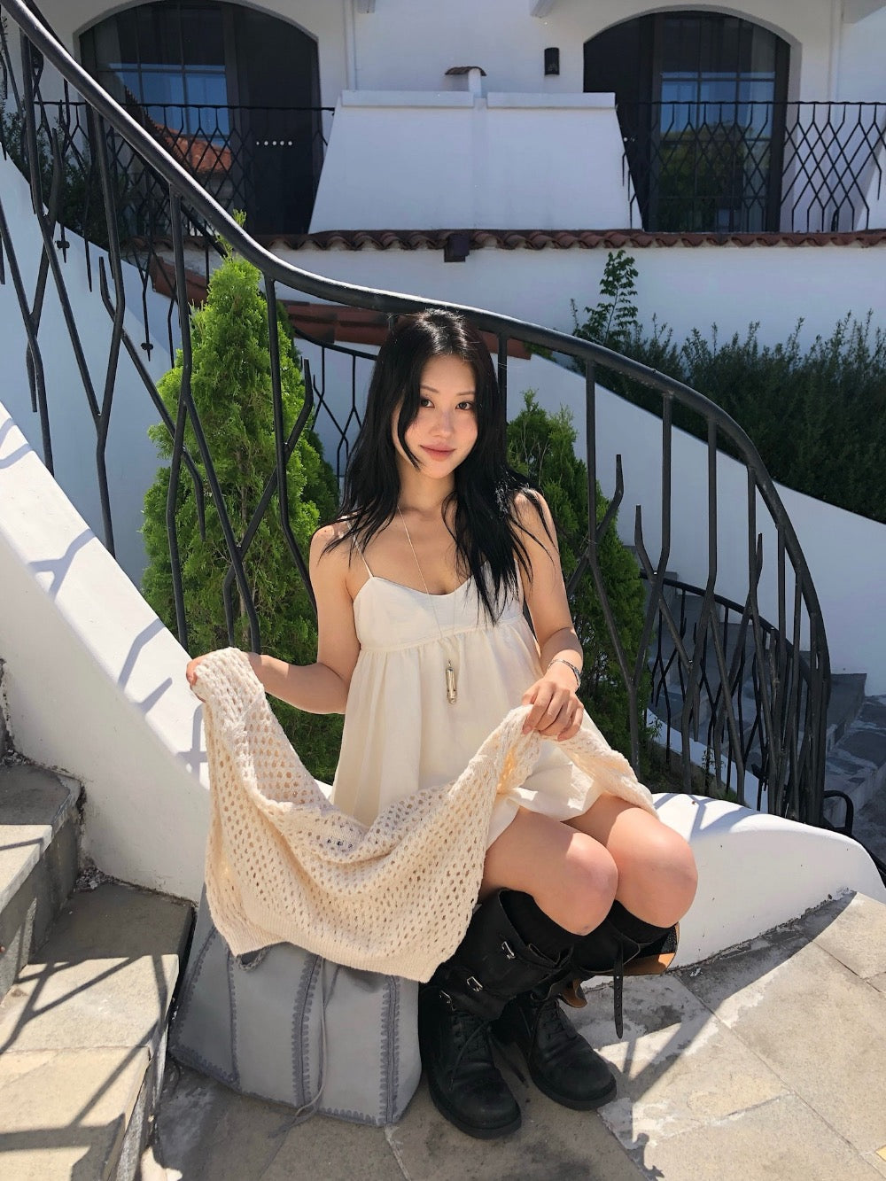 Korean-style puff sleeve suspender mini dress