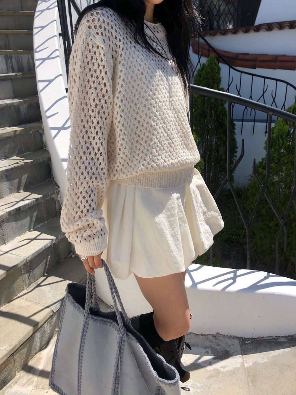 Korean-style puff sleeve suspender mini dress