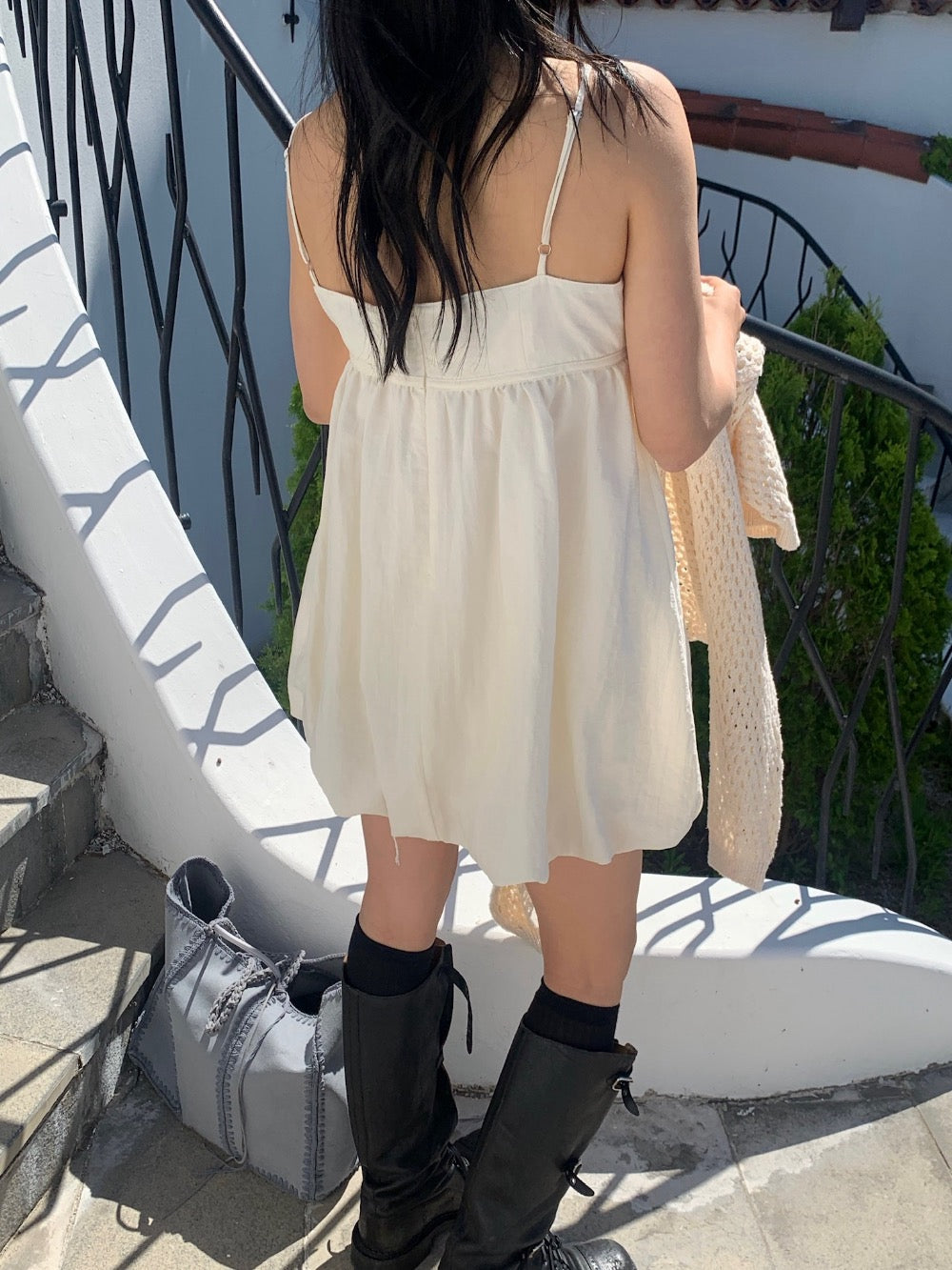 Korean-style puff sleeve suspender mini dress