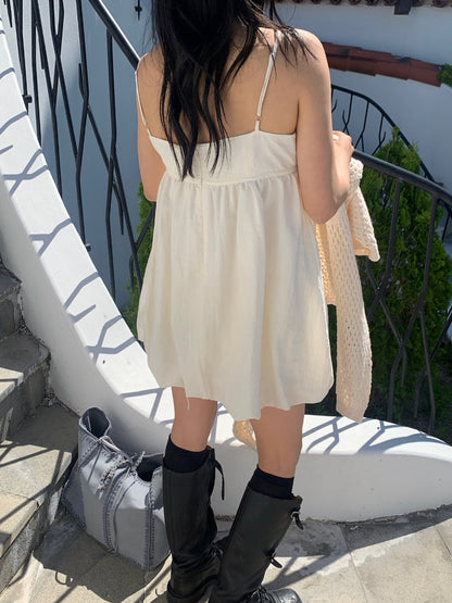 Korean-style puff sleeve suspender mini dress