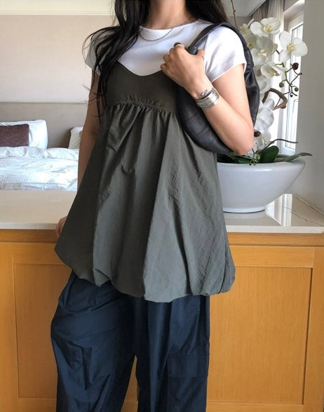 Korean-style puff sleeve suspender mini dress