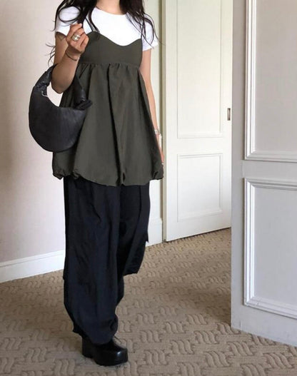 Korean-style puff sleeve suspender mini dress