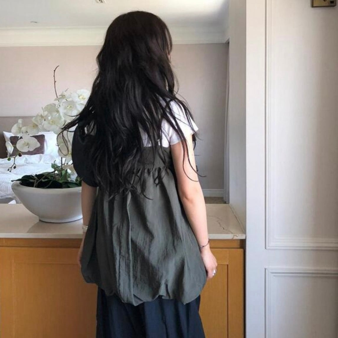 Korean-style puff sleeve suspender mini dress