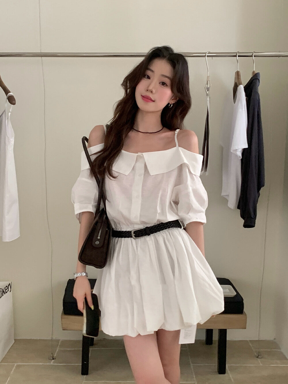 リネンコットンオフショルダーストラップワンピース