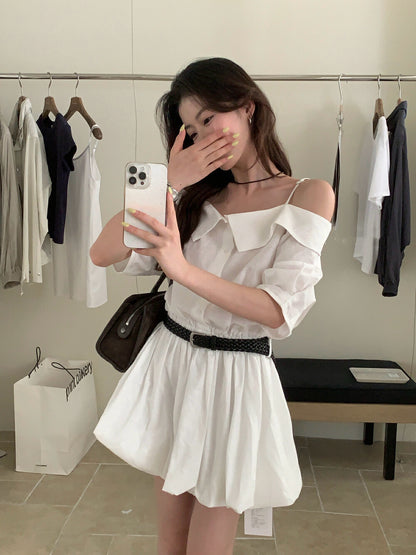 リネンコットンオフショルダーストラップワンピース