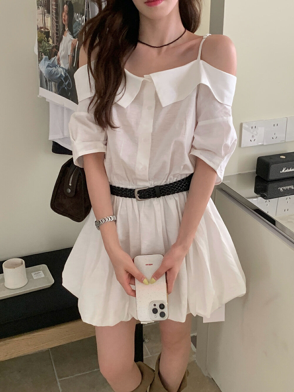 リネンコットンオフショルダーストラップワンピース