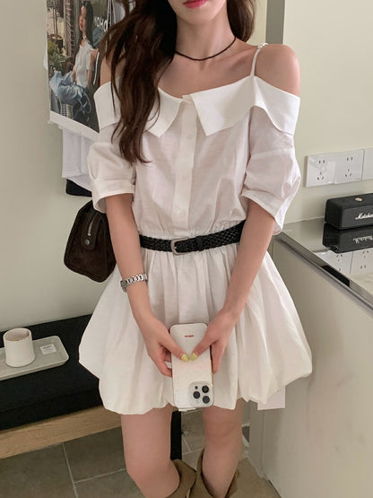 リネンコットンオフショルダーストラップワンピース