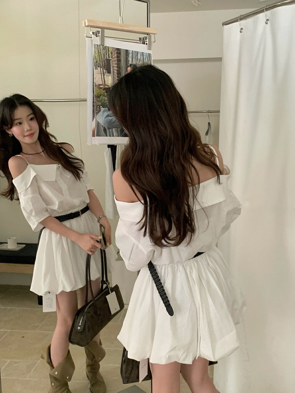 リネンコットンオフショルダーストラップワンピース