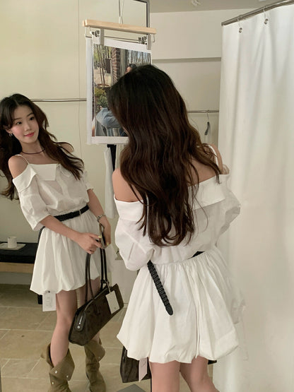 リネンコットンオフショルダーストラップワンピース