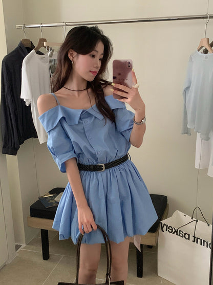 リネンコットンオフショルダーストラップワンピース