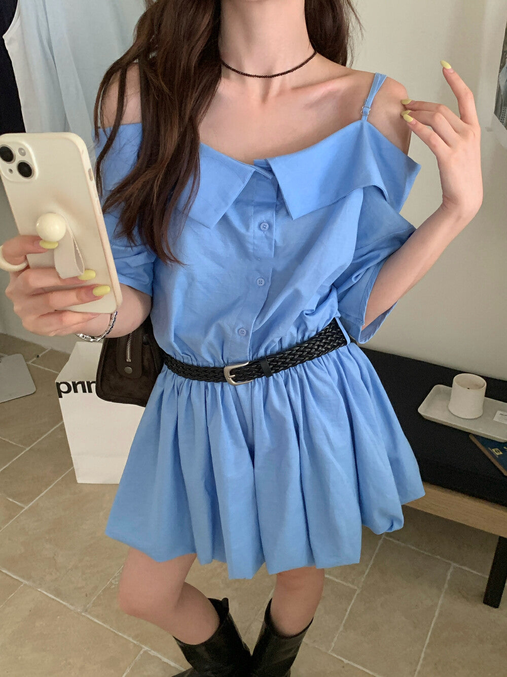 リネンコットンオフショルダーストラップワンピース