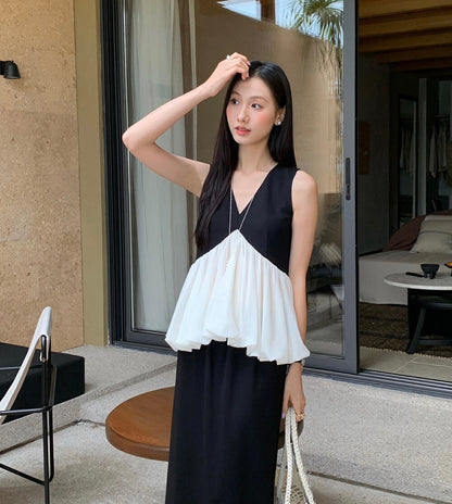 黑白撞色荷葉邊無袖背心
