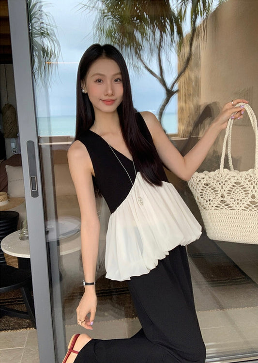 黑白撞色荷葉邊無袖背心