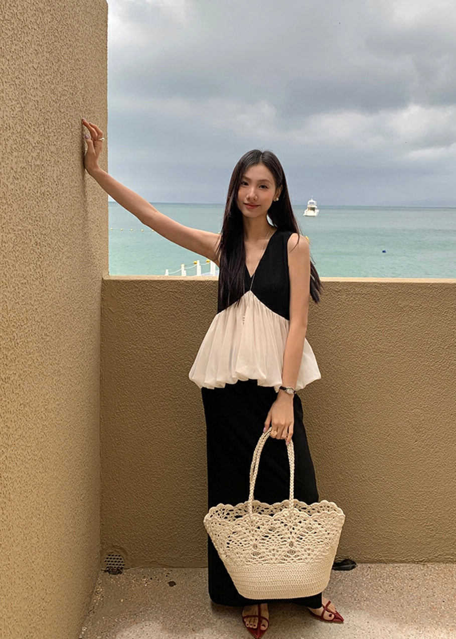 黑白撞色荷葉邊無袖背心