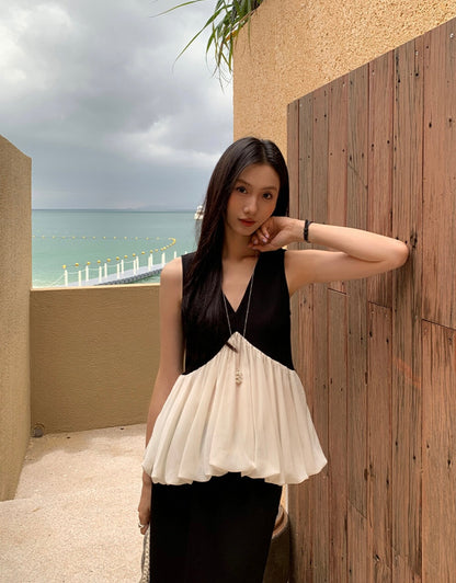 黑白撞色荷葉邊無袖背心