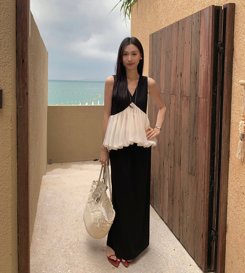 黑白撞色荷葉邊無袖背心