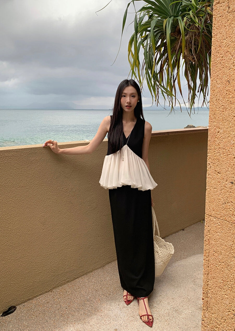 黑白撞色荷葉邊無袖背心