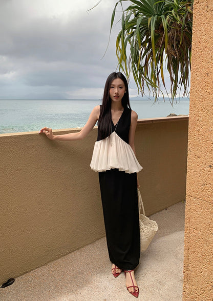 黑白撞色荷葉邊無袖背心